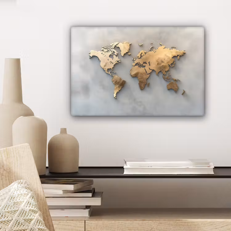 Wereldkaart - Metaal - Grijs canvas 2cm klein -sfeer6