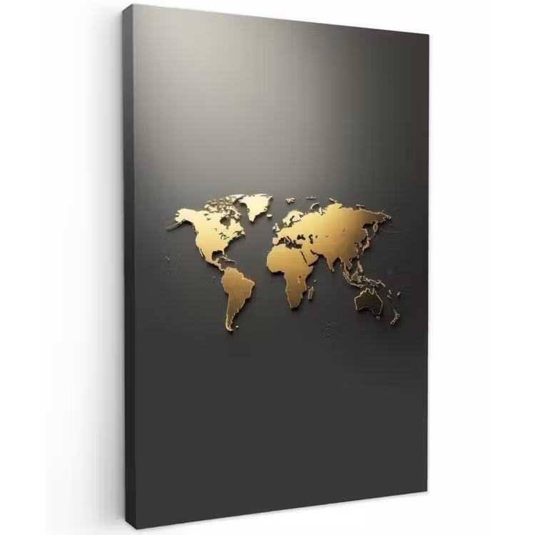 Wereldkaart - Minimalistisch - Gouden afwerking canvas 2cm klein -z3d