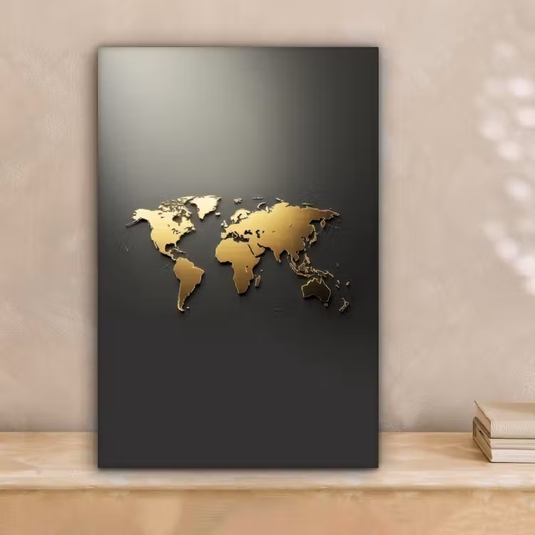 Wereldkaart - Minimalistisch - Gouden afwerking canvas 2cm klein -sfeer1