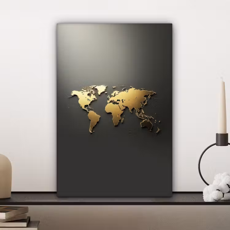 Wereldkaart - Minimalistisch - Gouden afwerking canvas 2cm klein -sfeer6