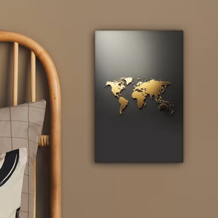 Wereldkaart - Minimalistisch - Gouden afwerking canvas 2cm klein -sfeer3