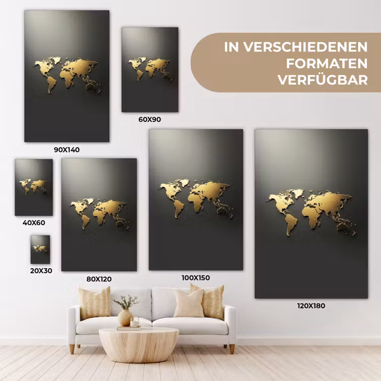Wereldkaart - Minimalistisch - Gouden afwerking canvas 2cm klein -Xsfeer8_DE