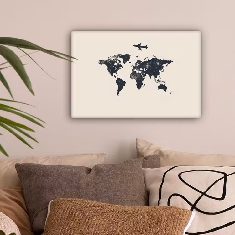 Wereldkaart - Minimalistisch - Grijs - Vliegtuig canvas 2cm klein -sfeer1