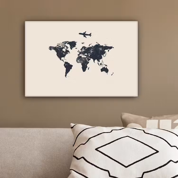 Wereldkaart - Minimalistisch - Grijs - Vliegtuig canvas 2cm klein -sfeer3
