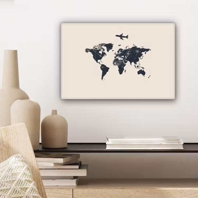 Wereldkaart - Minimalistisch - Grijs - Vliegtuig canvas 2cm klein -sfeer6