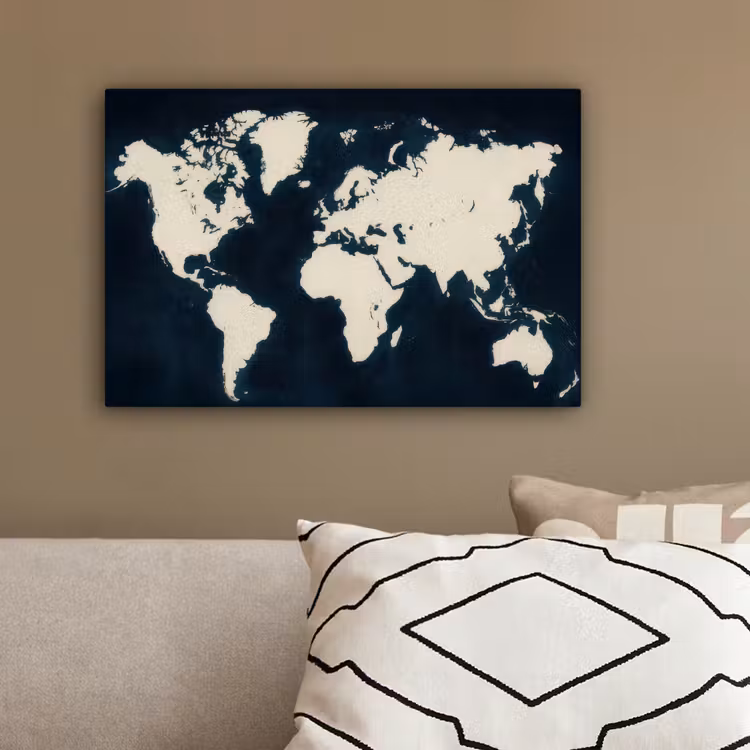 Wereldkaart - Minimalistisch - Contrast canvas 2cm klein -sfeer3