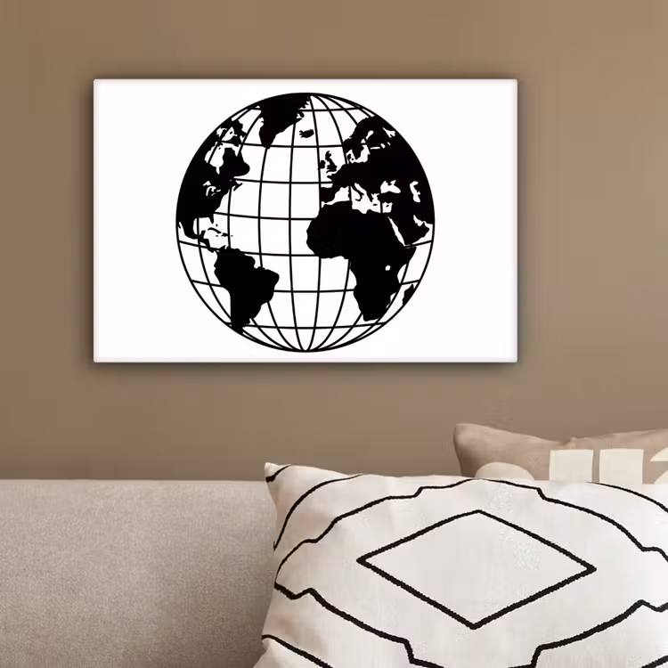 Wereldkaart - Minimalistisch - Zwart - Wit canvas 2cm klein -sfeer3