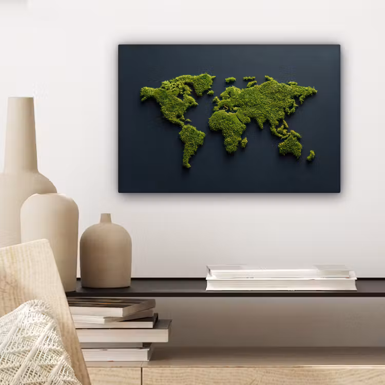 Wereldkaart - Mos -Levendig effect canvas 2cm klein -sfeer6