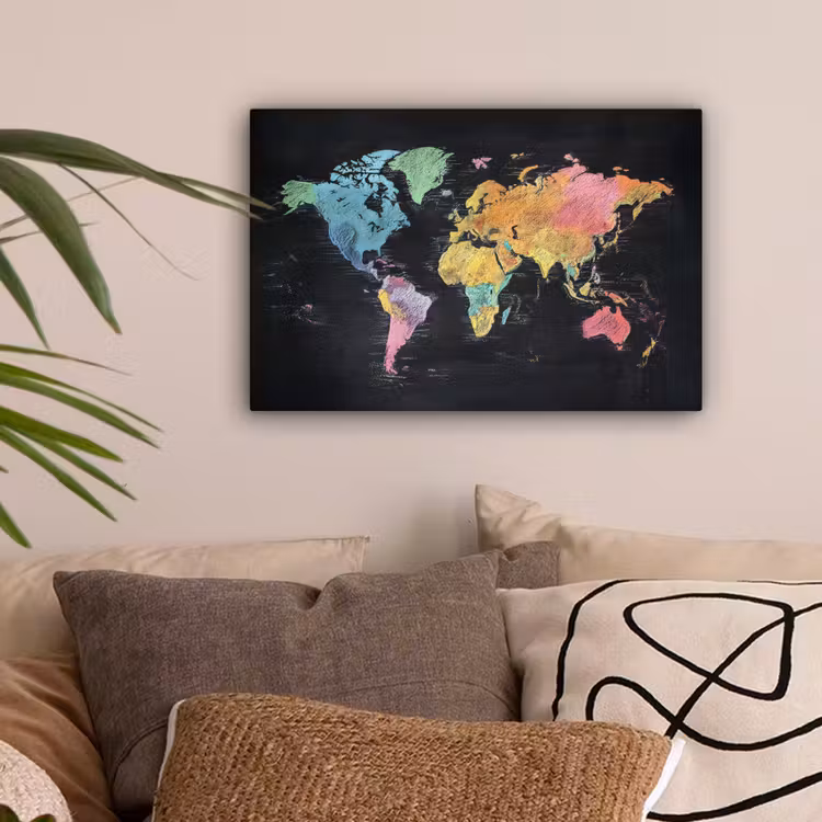 Wereldkaart - Krijtstrepen - Regenboog canvas 2cm klein -sfeer1
