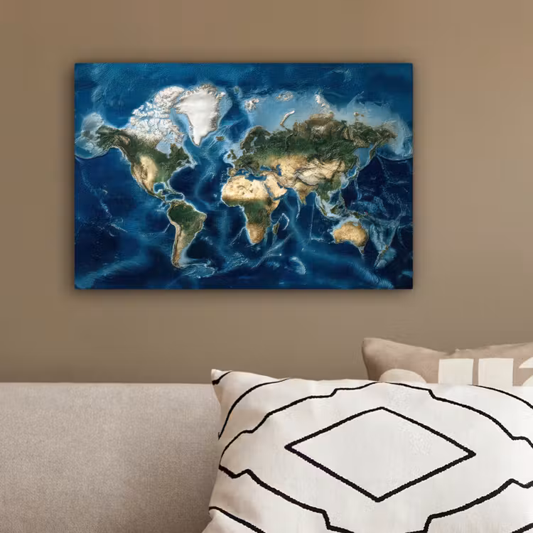 Wereldkaart - Natuurlijk - Goud canvas 2cm klein -sfeer3
