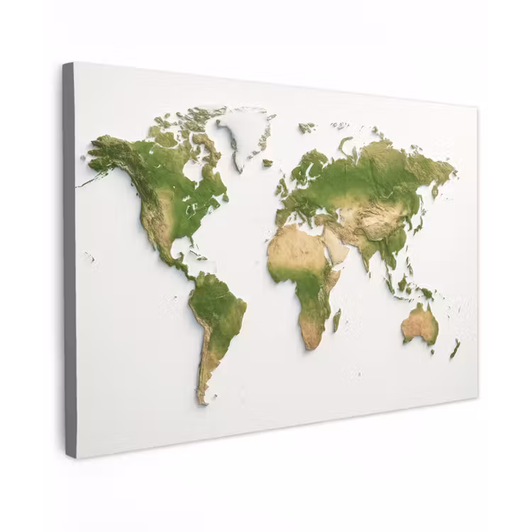 Wereldkaart - Natuurlijke kleuren - reliëfstijl canvas 2cm klein -z3d
