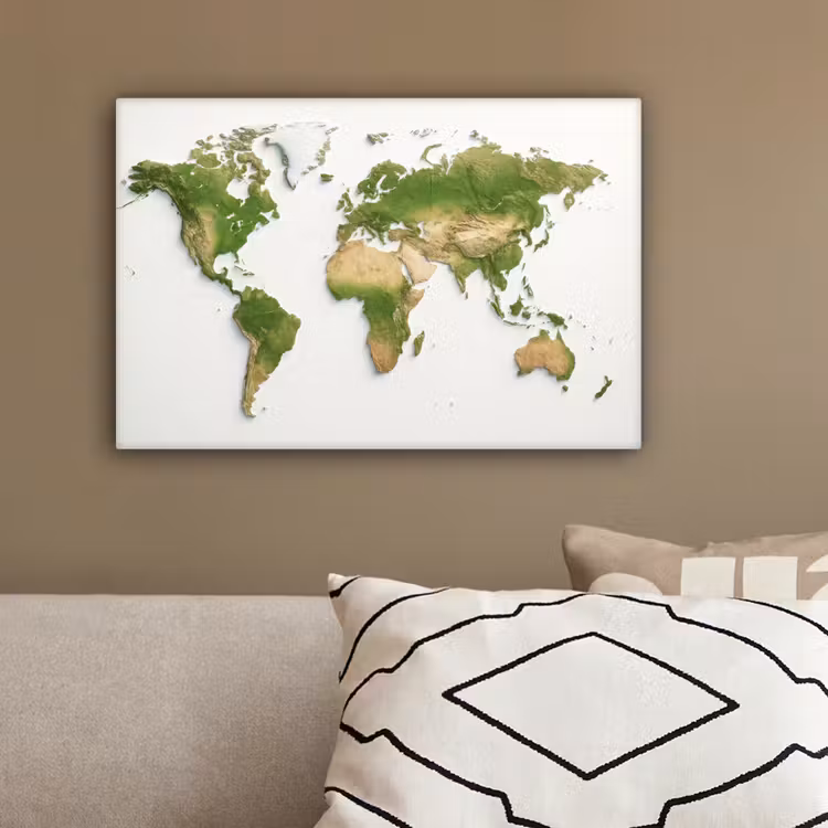 Wereldkaart - Natuurlijke kleuren - reliëfstijl canvas 2cm klein -sfeer6
