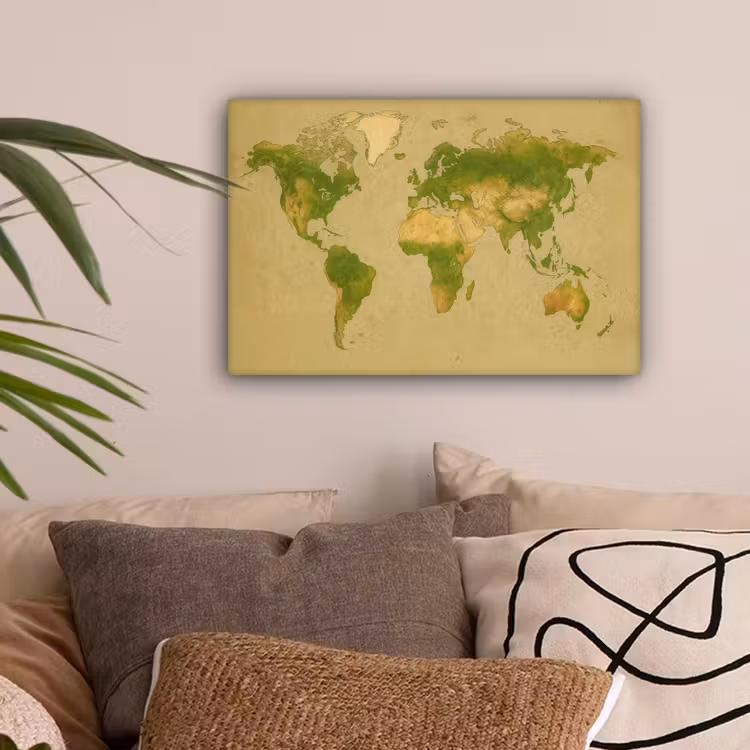 Wereldkaart - Natuurlijke tinten - Organische textuur canvas 2cm klein -sfeer1