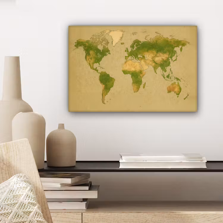 Wereldkaart - Natuurlijke tinten - Organische textuur canvas 2cm klein -sfeer6