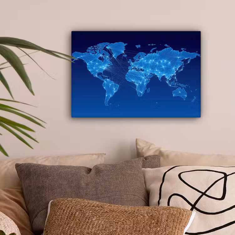 Wereldkaart - Neon - Blauw - Licht canvas 2cm klein -sfeer1