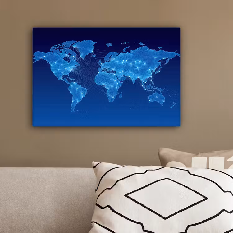 Wereldkaart - Neon - Blauw - Licht canvas 2cm klein -sfeer3