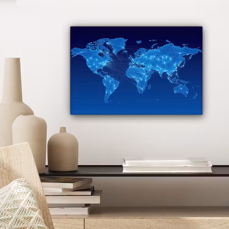Wereldkaart - Neon - Blauw - Licht canvas 2cm klein -sfeer6