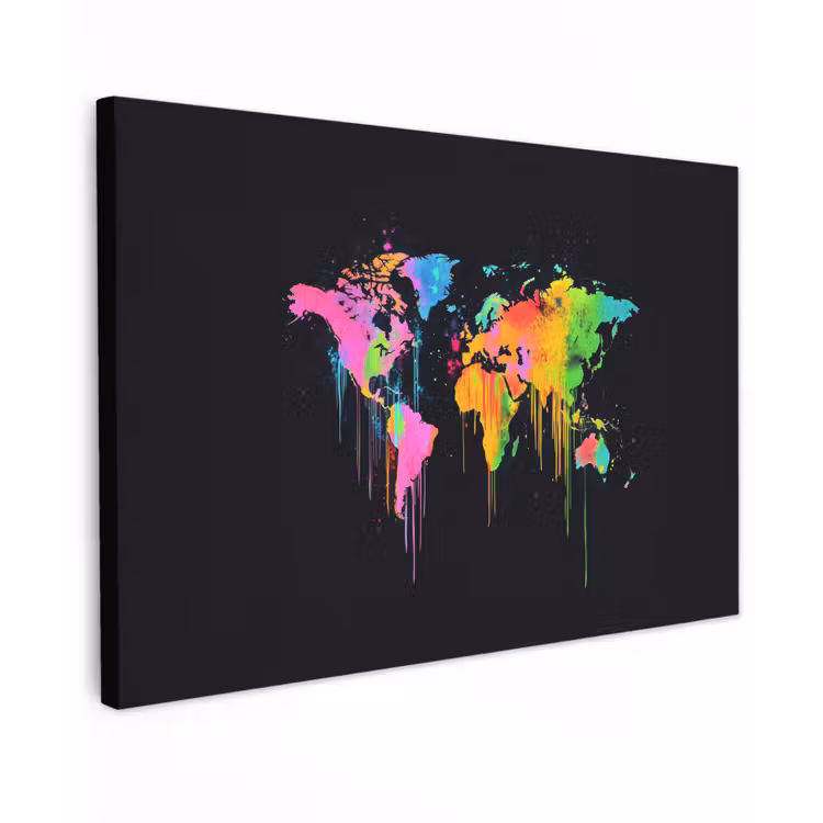 Wereldkaart - Neon - Kleurrijk - Spatten canvas 2cm klein -z3d