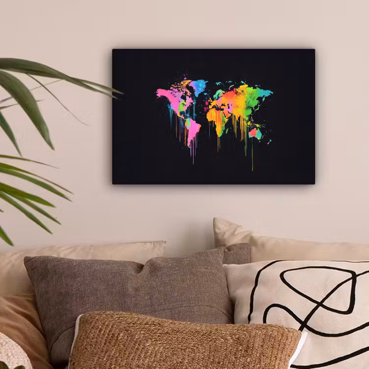 Wereldkaart - Neon - Kleurrijk - Spatten canvas 2cm klein -sfeer1