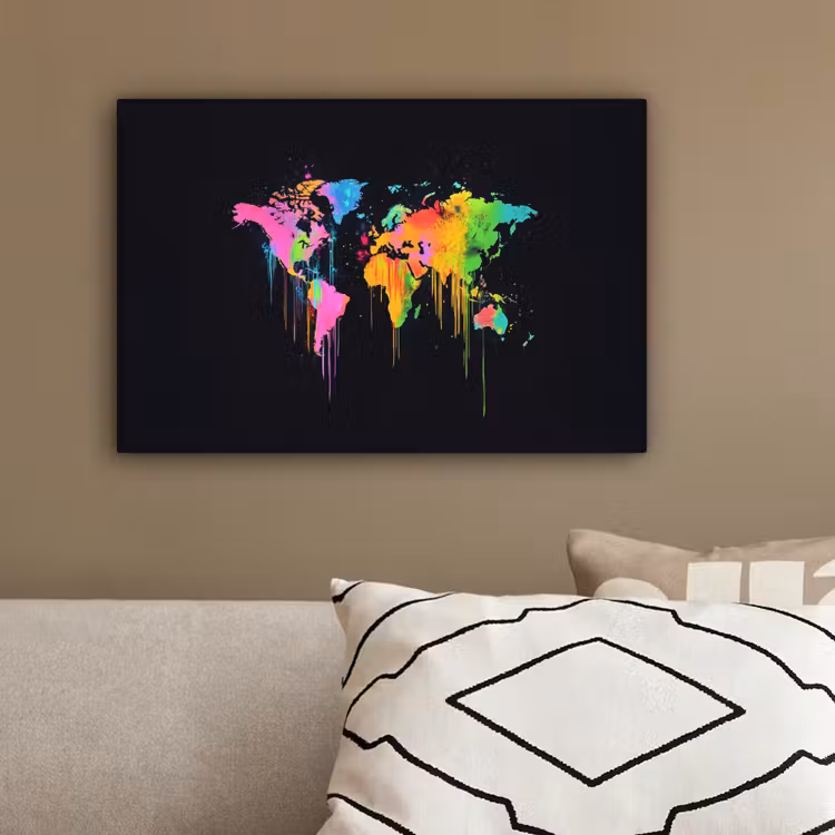 Wereldkaart - Neon - Kleurrijk - Spatten canvas 2cm klein -sfeer3