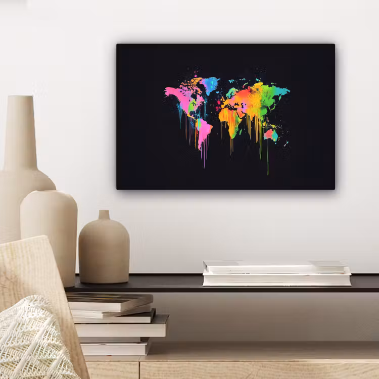 Wereldkaart - Neon - Kleurrijk - Spatten canvas 2cm klein -sfeer6