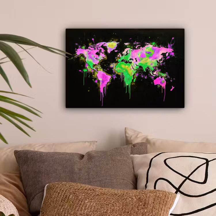 Wereldkaart - Neon - Groen - Roze canvas 2cm klein -sfeer1