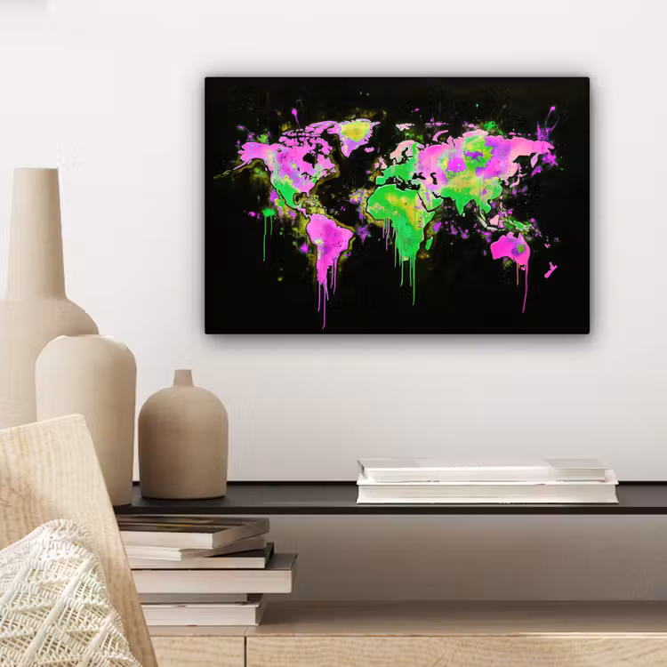 Wereldkaart - Neon - Groen - Roze canvas 2cm klein -sfeer6
