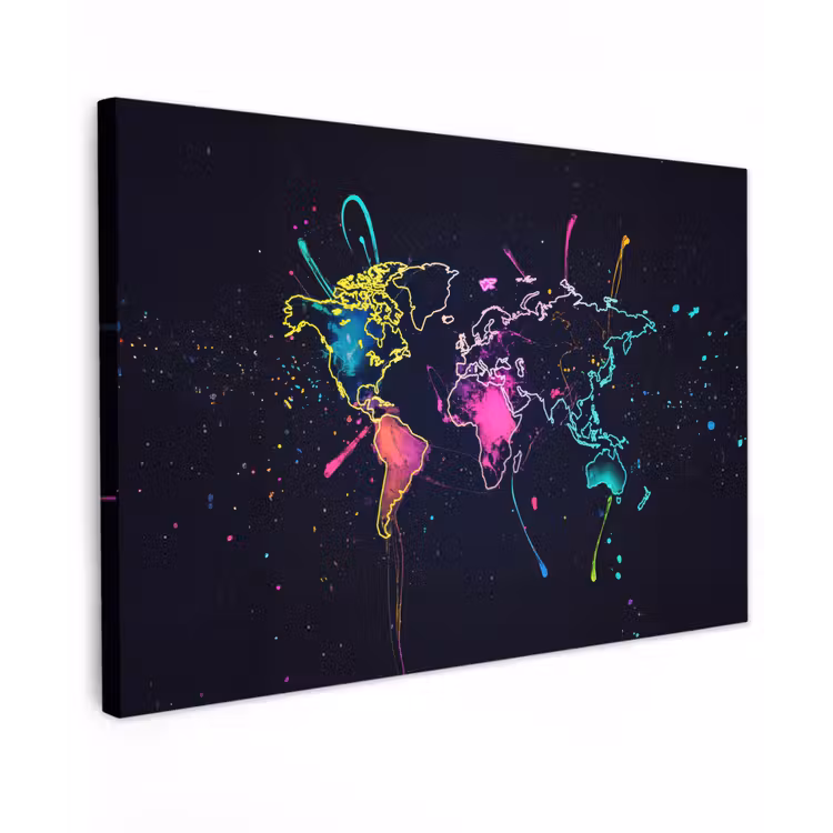 Wereldkaart - Neon - Lijnen - Verspatten canvas 2cm klein -z3d