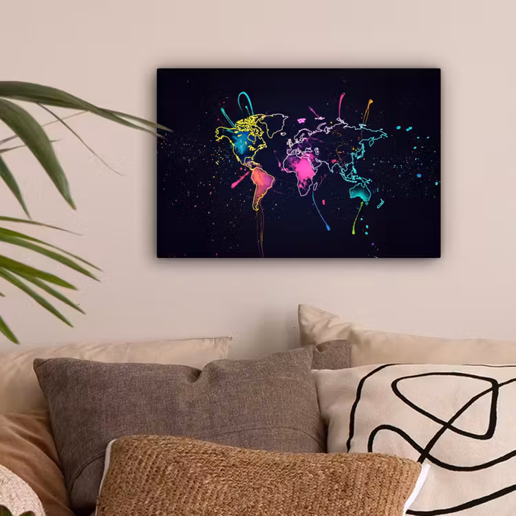 Wereldkaart - Neon - Lijnen - Verspatten canvas 2cm klein -sfeer1