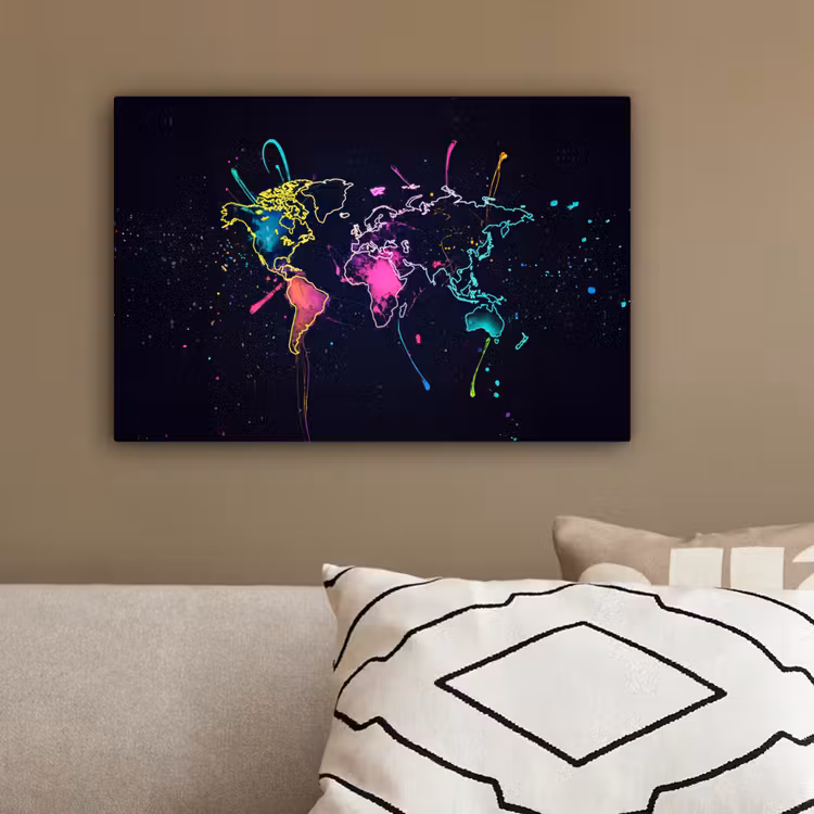 Wereldkaart - Neon - Lijnen - Verspatten canvas 2cm klein -sfeer3