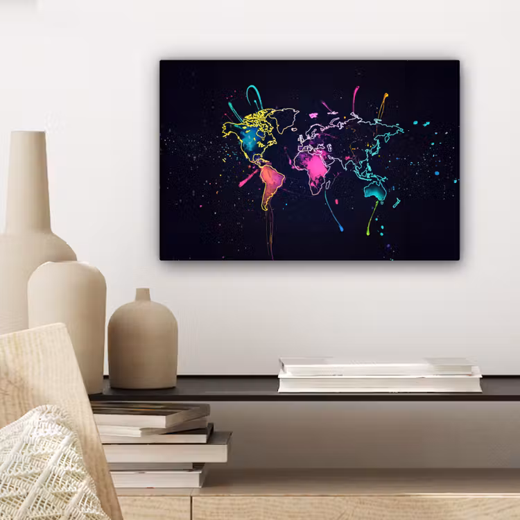 Wereldkaart - Neon - Lijnen - Verspatten canvas 2cm klein -sfeer6