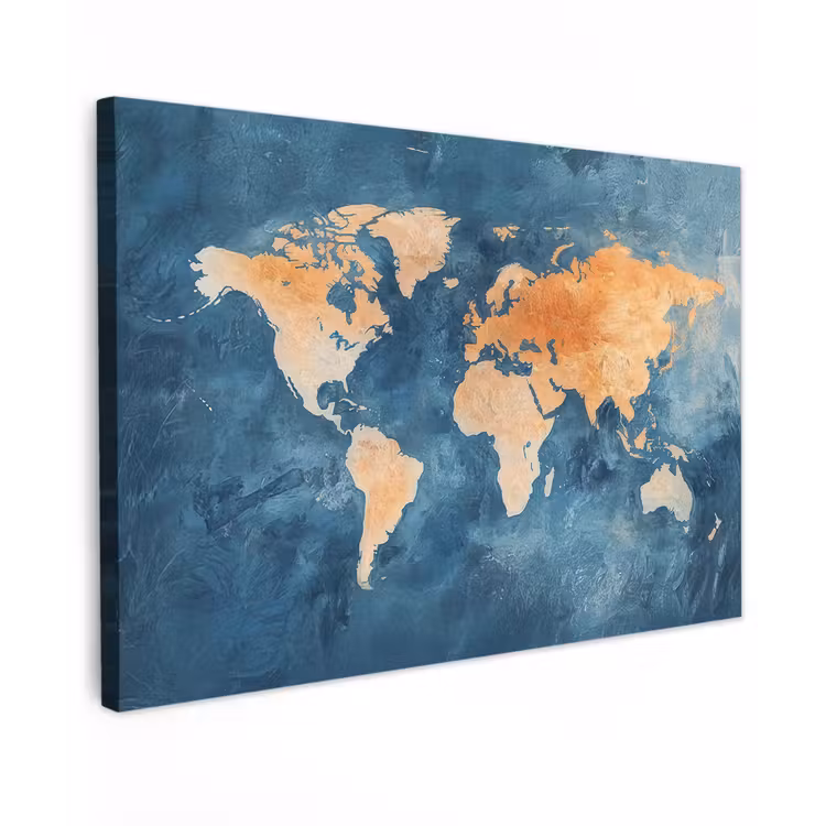 Wereldkaart - Olieverfschilderij - Blauw - Oranje canvas 2cm klein -z3d