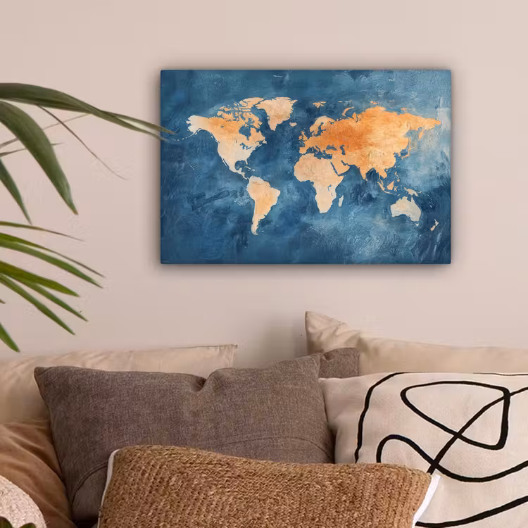Wereldkaart - Olieverfschilderij - Blauw - Oranje canvas 2cm klein -sfeer1
