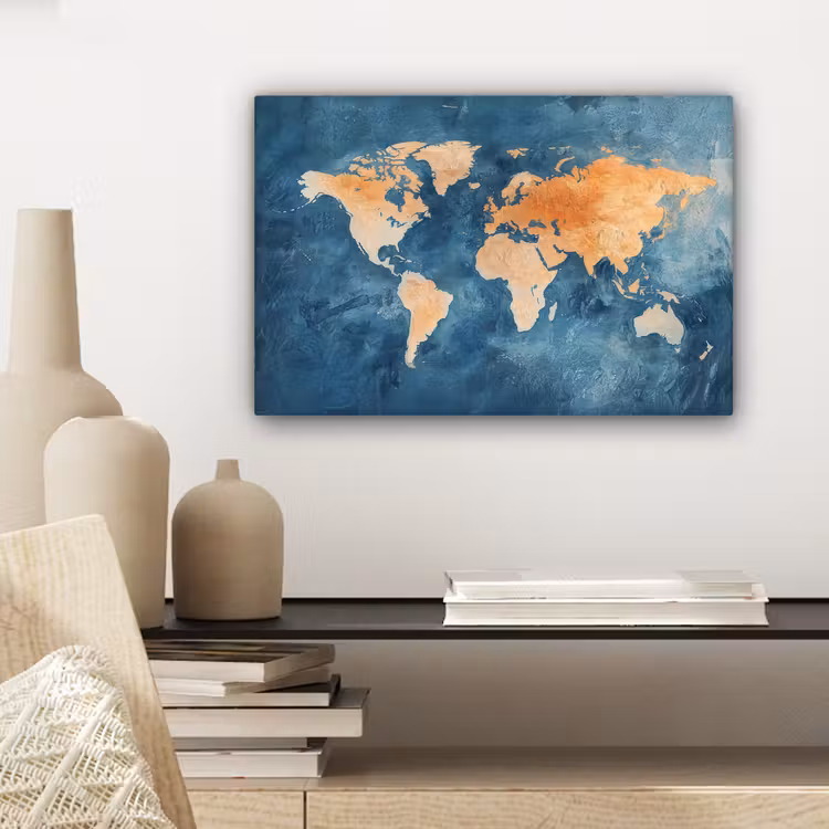 Wereldkaart - Olieverfschilderij - Blauw - Oranje canvas 2cm klein -sfeer6