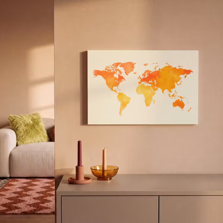 Wereldkaart - Oranje - Kleurrijk canvas 2cm klein -sfeer1