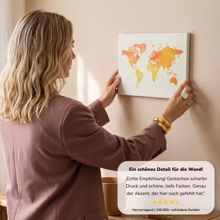 Wereldkaart - Oranje - Kleurrijk canvas 2cm klein -sfeer3