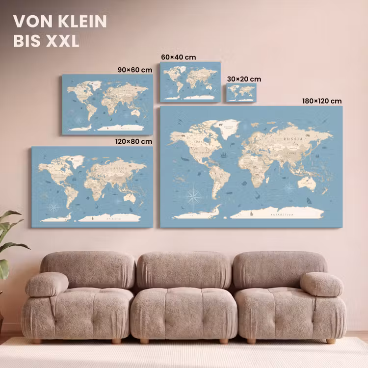 Wereldkaart - Oceaan - Realistisch - Blauw canvas 2cm klein -Xsfeer8_DE