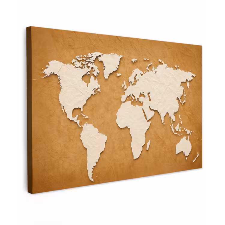 Wereldkaart - Papierstructuur - Bruin canvas 2cm klein -z3d