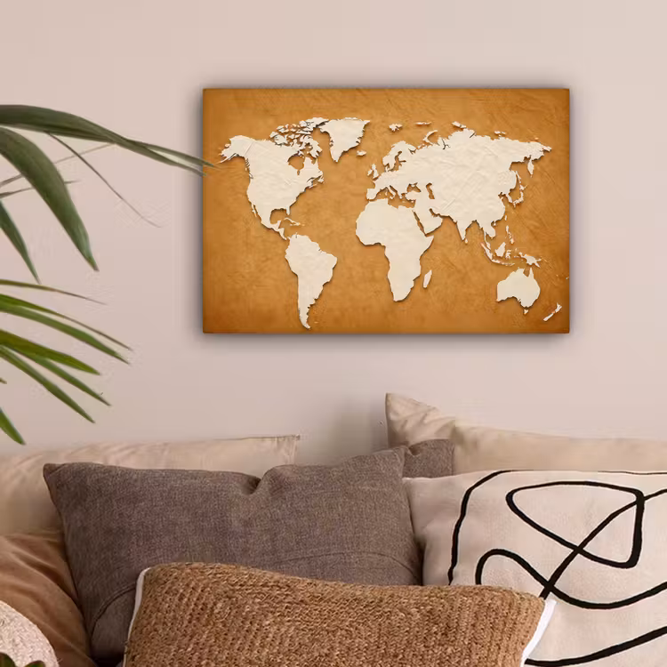 Wereldkaart - Papierstructuur - Bruin canvas 2cm klein -sfeer1