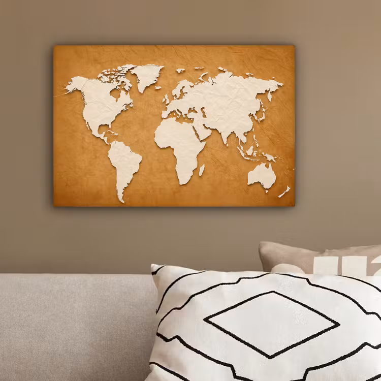 Wereldkaart - Papierstructuur - Bruin canvas 2cm klein -sfeer3