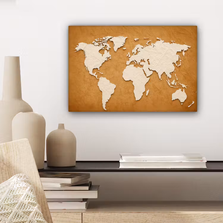 Wereldkaart - Papierstructuur - Bruin canvas 2cm klein -sfeer6