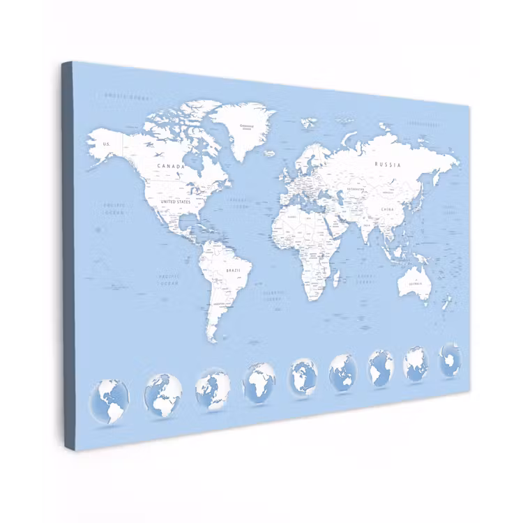 Wereldkaart - Pastel - Blauw canvas 2cm klein -z3d