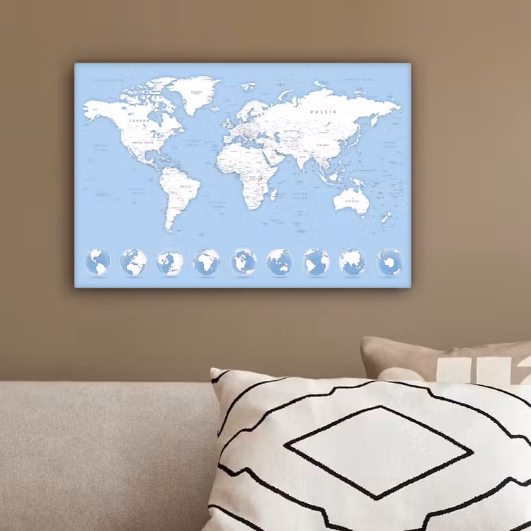Wereldkaart - Pastel - Blauw canvas 2cm klein -sfeer3