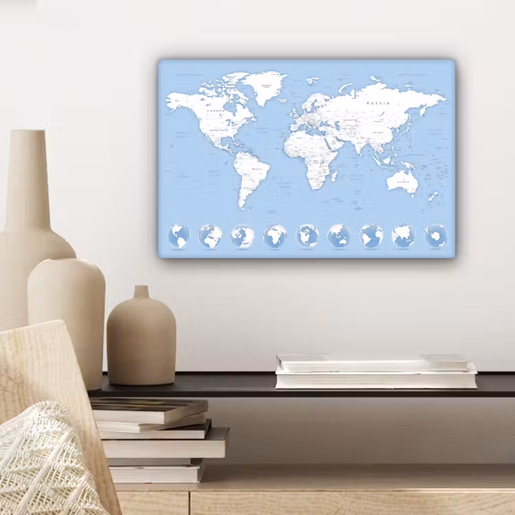Wereldkaart - Pastel - Blauw canvas 2cm klein -sfeer6
