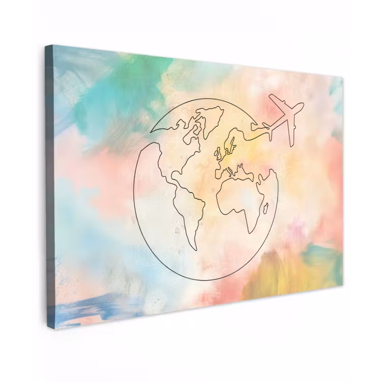 Wereldkaart - Pastel - Vliegtuig - Lijnen canvas 2cm klein -z3d