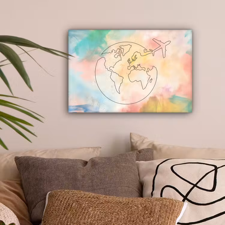 Wereldkaart - Pastel - Vliegtuig - Lijnen canvas 2cm klein -sfeer1