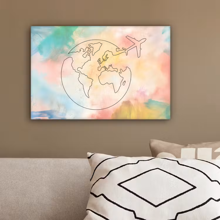 Wereldkaart - Pastel - Vliegtuig - Lijnen canvas 2cm klein -sfeer3