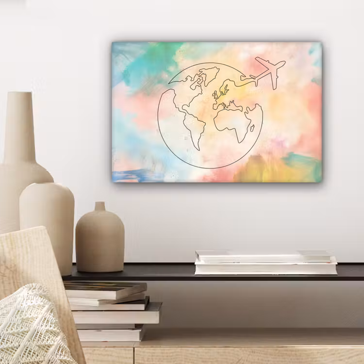 Wereldkaart - Pastel - Vliegtuig - Lijnen canvas 2cm klein -sfeer6