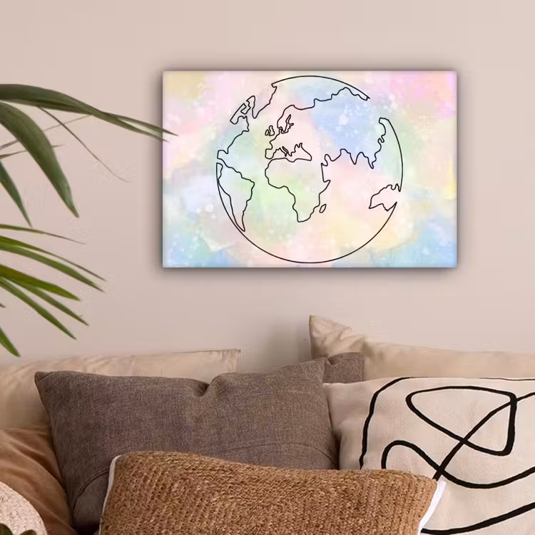 Wereldkaart - Pastel - Lijnen canvas 2cm klein -sfeer1