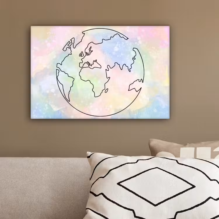 Wereldkaart - Pastel - Lijnen canvas 2cm klein -sfeer3